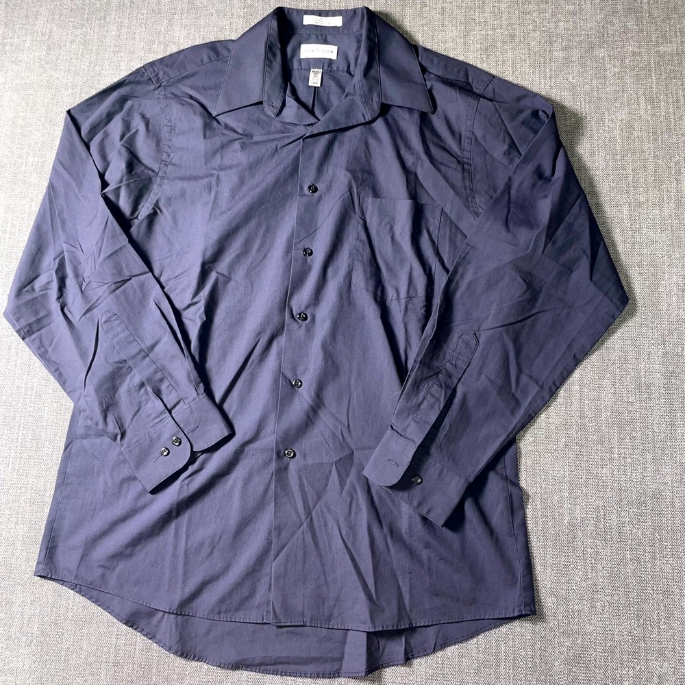 Van Heusen Dress Shirt Mens 16.5 Blue‎ Cotton Poplin Pleated Formal Wrinkle Free